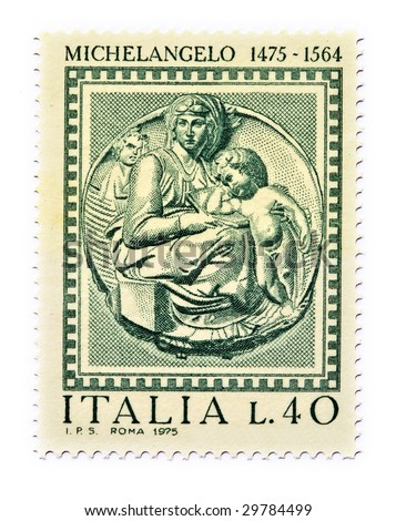 Macro of a commemorative stamp for Michelangelo Buonarroti, from forty Lit, collectors Royalty-Free Stock Photo #29784499