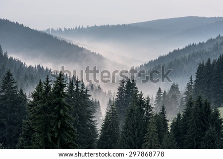 View From Mountains to the Valley Covered with Foggy. Foggy Landscape. Royalty-Free Stock Photo #297868778