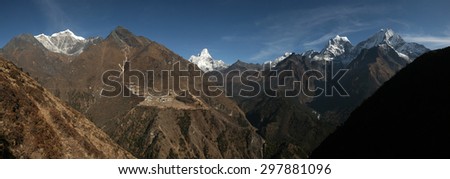 Panorama of the Himalayas pictured from Mong La Pass (3,973 m) in Khumbu region, Himalayas, Nepal.