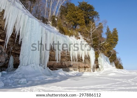 Huge ice curtains forming on the cliffs of Grand Island in Upper Michigan
