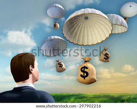 Businessman looking at some money bags falling from the sky with a parachute. Digital illustration.