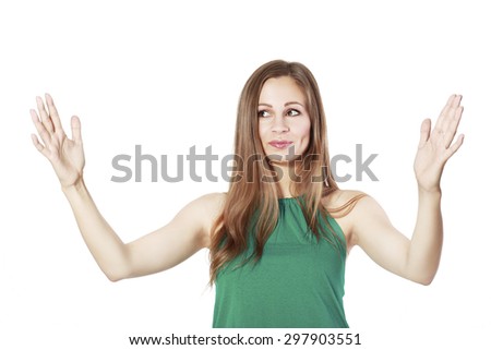 youngl smiling girl shows a sign big