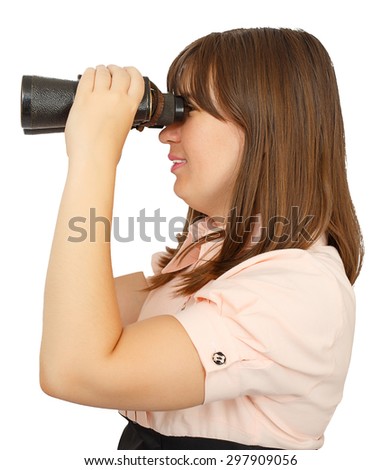 Business woman with binoculars isolated on white background