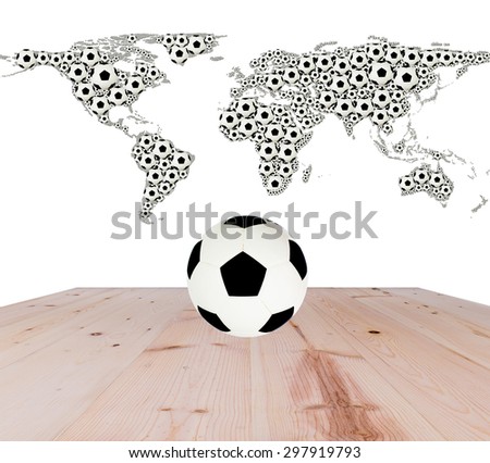 soccer football on wood terrace with Background world map picture of football.