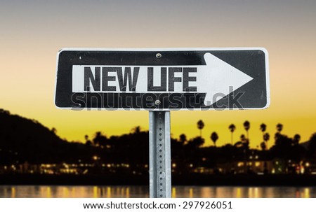 New Life direction sign with sunset background