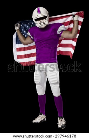 Football Player with a pink uniform and a american flag, on a black background.