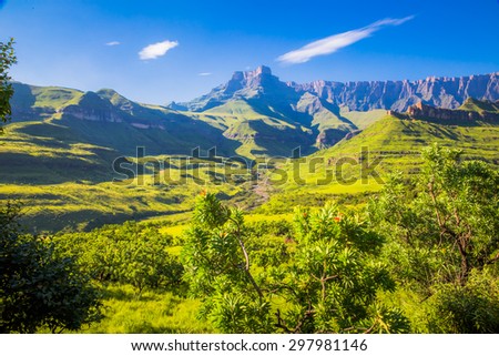 Panoramic view of the Drakensberg National Park in Kwazulu Natal Royalty-Free Stock Photo #297981146