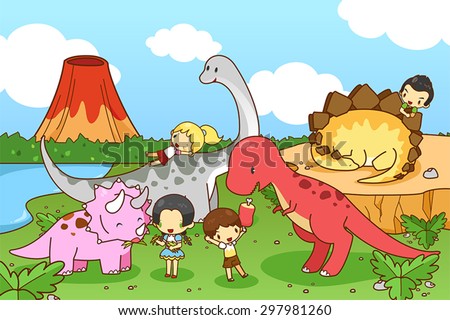 Cartoon dinosaur world of imagination with kids and children playing and feeding Tyrannosaur, Stegosaurus, Triceratops, and Brontosaurus, friendly in natural prehistoric world, create by vector
