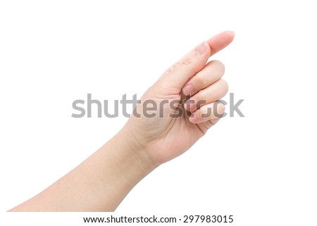 Female hand hold virtual business object with isolated background.