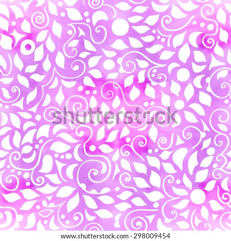 Seamless pattern on white background, multicolor swirls, circles, triangles and leaves . Vector design. 