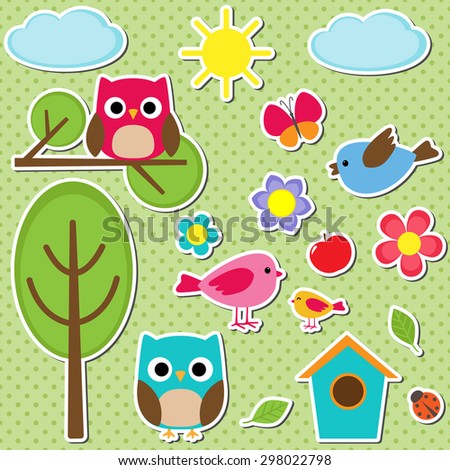 Cute vector set of different summer stickers. Nature decorative elements for scrapbooking