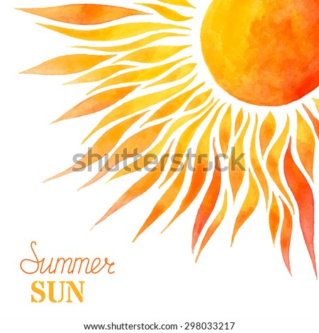 Watercolor summer sun background. Bright hand-painted sun in right corner on white background. There is place for your text.