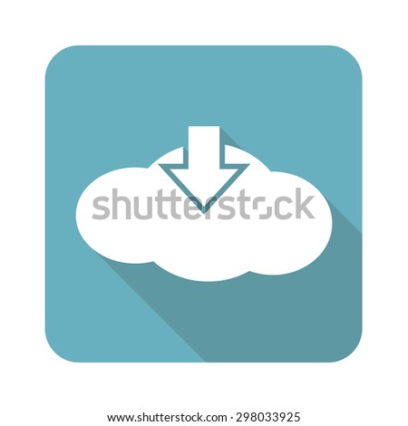 Image of cloud and down arrow in blue square, isolated on white