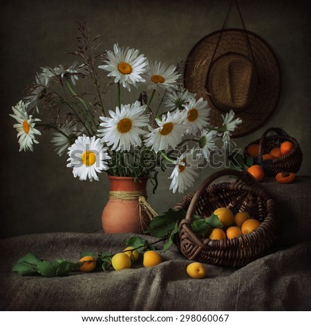 Still life with summer bouquet and fruits