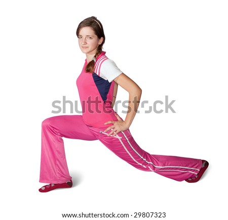 girl in pink activewear doing fitness exercises. Isolated on white background