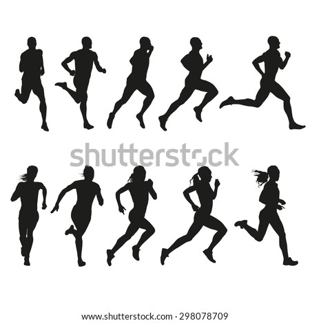 Set of silhouettes of running men and women. Vector, run Royalty-Free Stock Photo #298078709