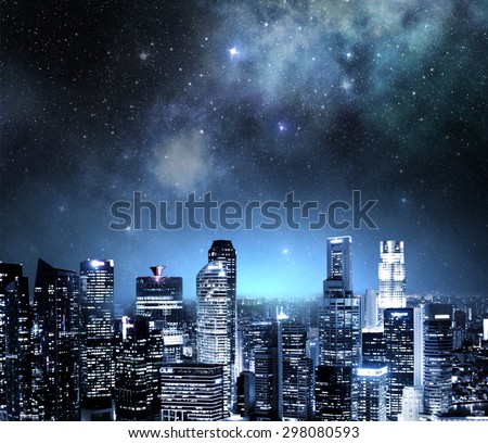 city skyline at night under a starry sky Royalty-Free Stock Photo #298080593