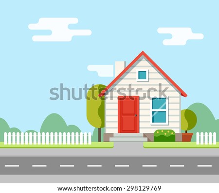 A house along the road. Part of the rural landscape. Vector illustration in flat style. Royalty-Free Stock Photo #298129769