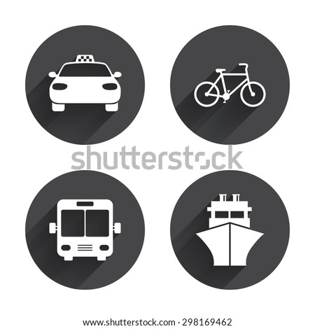 Transport icons. Taxi car, Bicycle, Public bus and Ship signs. Shipping delivery symbol. Family vehicle sign. Circles buttons with long flat shadow. Vector
