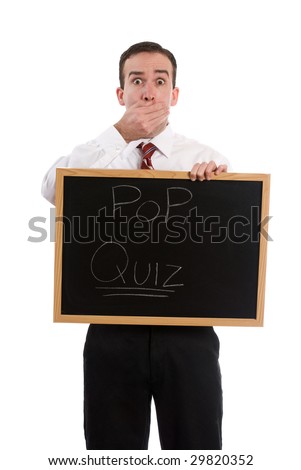 A shocked substitute teacher is shocked that he has to give a pop quiz, isolated against a white background