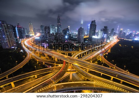 Modern city traffic road night. Aerial Transport road junction. 