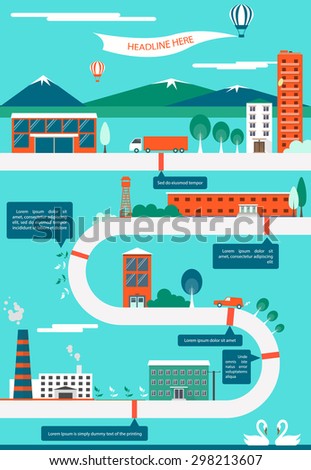 Factory cityscape info graphics charts, symbols, graphic elements, map, vector flat illustration