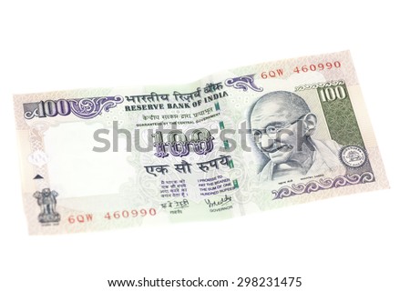 One hundred rupee note (Indian currency) isolated on a white background. Royalty-Free Stock Photo #298231475