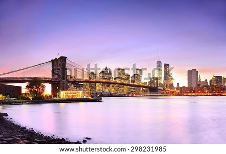 View of New York City at dusk.