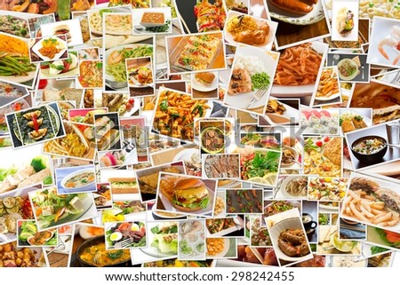 Collage of lots of popular worldwide dinner foods and appetizers Royalty-Free Stock Photo #298242455