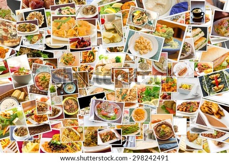 Collage of lots of popular worldwide dinner foods and appetizers Royalty-Free Stock Photo #298242491
