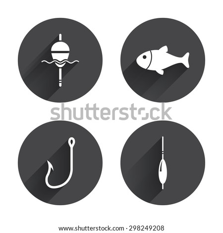 Fishing icons. Fish with fishermen hook sign. Float bobber symbol. Circles buttons with long flat shadow. Vector