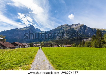 View of the alps on the hiking path near Kandersteg on Bernese Oberland of Switzerland