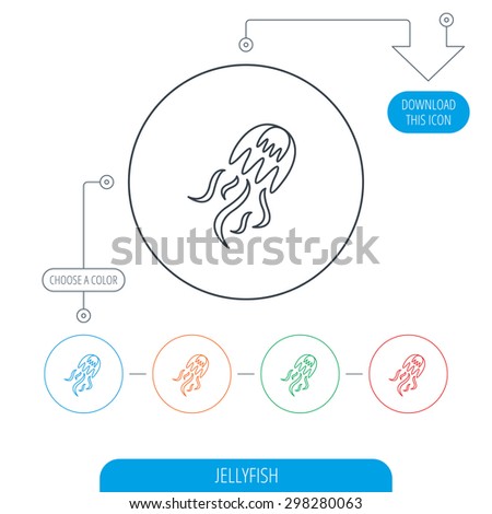 Jellyfish icon. Marine animal sign. Line circle buttons. Download arrow symbol. Vector