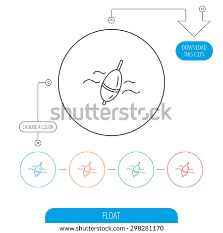 Fishing float icon. Bobber in waves sign. Angling symbol. Line circle buttons. Download arrow symbol. Vector