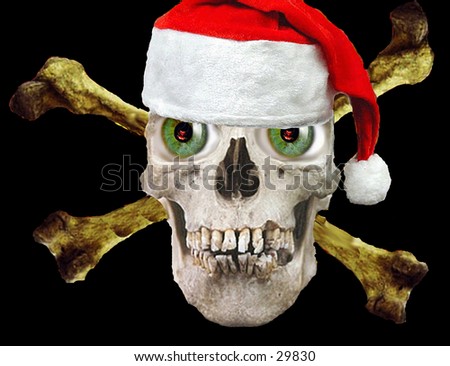 a real human skull photoshopped with green eyes  and a santa hat on a black background