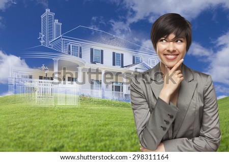 Curious, Smiling Mixed Race Woman Looks Over to Ghosted House Drawing, Partial Photo and Rolling Green Hills Behind.