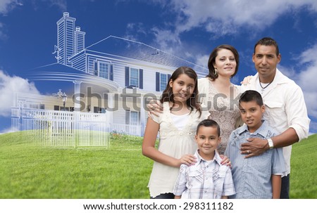 Hispanic Family with Ghosted House Drawing, Partial Photo and Rolling Green Hills Behind.