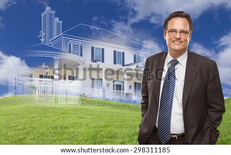 Smiling Businessman with Ghosted House Drawing, Partial Photo and Rolling Green Hills Behind.