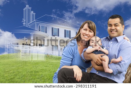Mixed Race Family with Ghosted House Drawing, Partial Photo and Rolling Green Hills Behind.