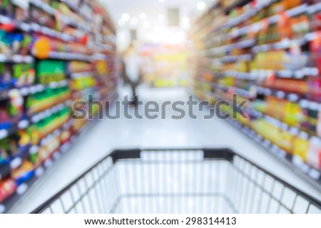 Abstract blurred photo of store with trolley in department store bokeh background Royalty-Free Stock Photo #298314413