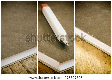 Split photo of pen on book