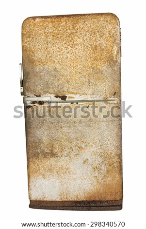 Retro very old rusted fridge refrigerator isolated on white background with clipping path Royalty-Free Stock Photo #298340570