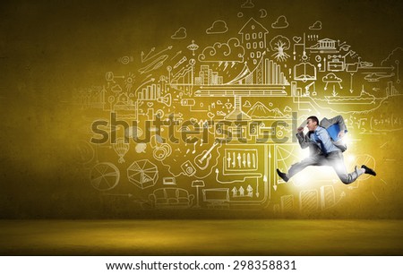 Funny image of running businessman on background of business plan