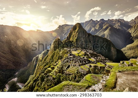 View of the ancient Inca City of Machu Picchu. The 15-th century Inca site.'Lost city of the Incas'. Ruins of the Machu Picchu sanctuary. UNESCO World Heritage site. Royalty-Free Stock Photo #298363703