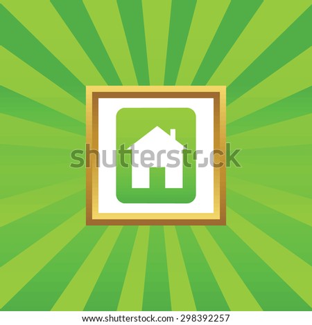 Plate with house image in golden frame, on green abstract background