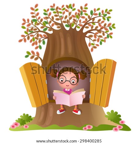 Illustration of a young girl reading a book at the big tree