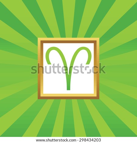 Image of Aries zodiac symbol in golden frame, on green abstract background
