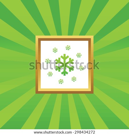 Image of small and big snowflakes in golden frame, on green abstract background