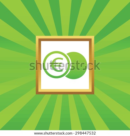 Image of coin with euro symbol in golden frame, on green abstract background