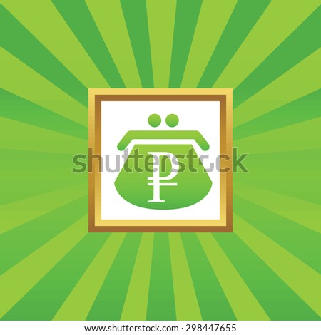 Image of purse with ruble symbol in golden frame, on green abstract background